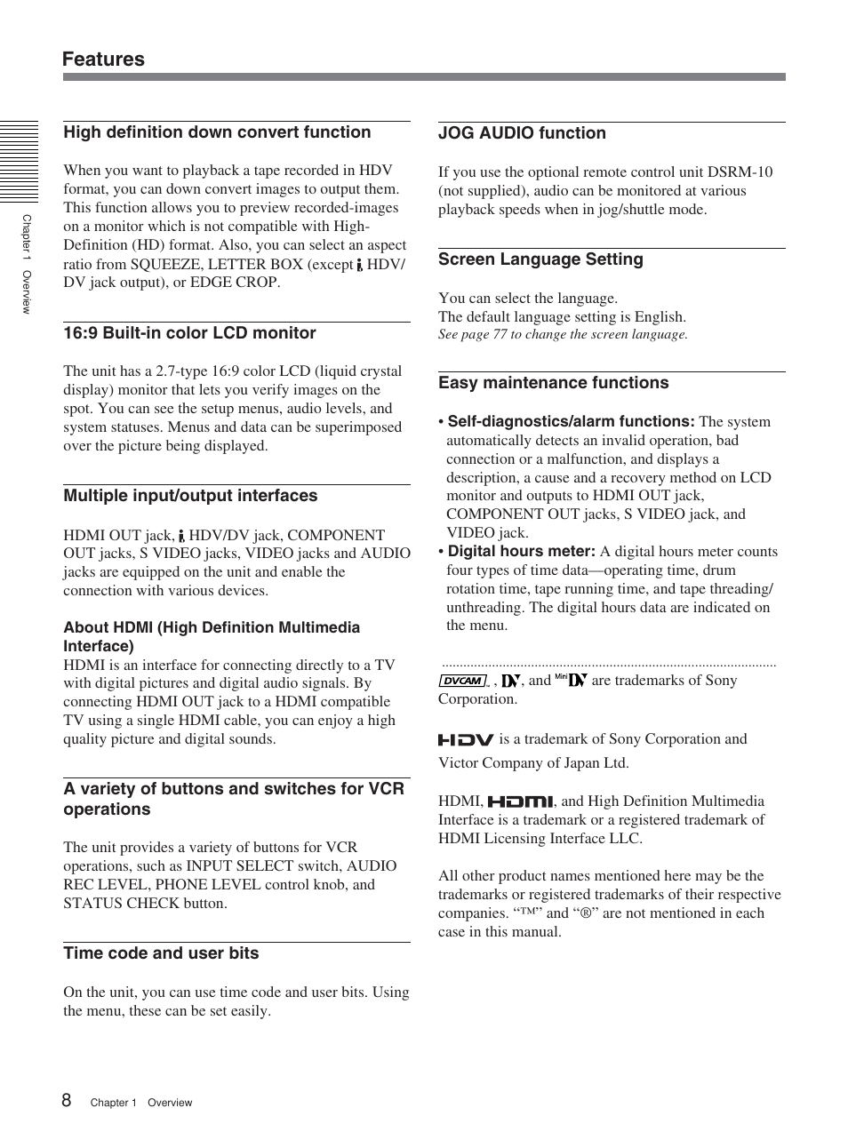 Features | Sony HVR-M25P User Manual | Page 8 / 104
