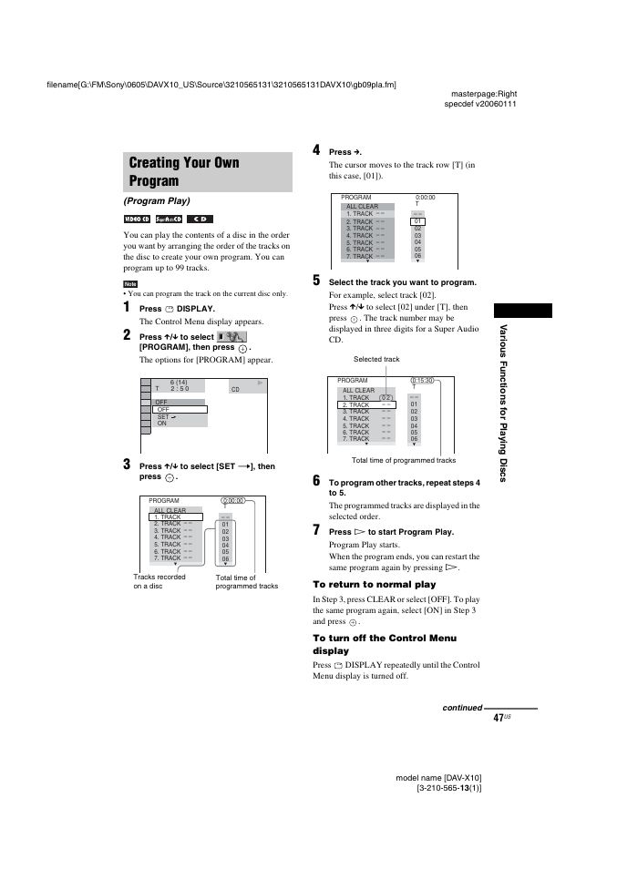 Creating your own program, Program play) | Sony DAVX10 User Manual | Page 47 / 107
