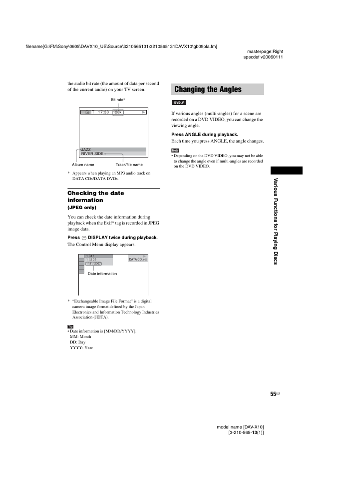 Checking the date information, Changing the angles | Sony DAVX10 User Manual | Page 55 / 107