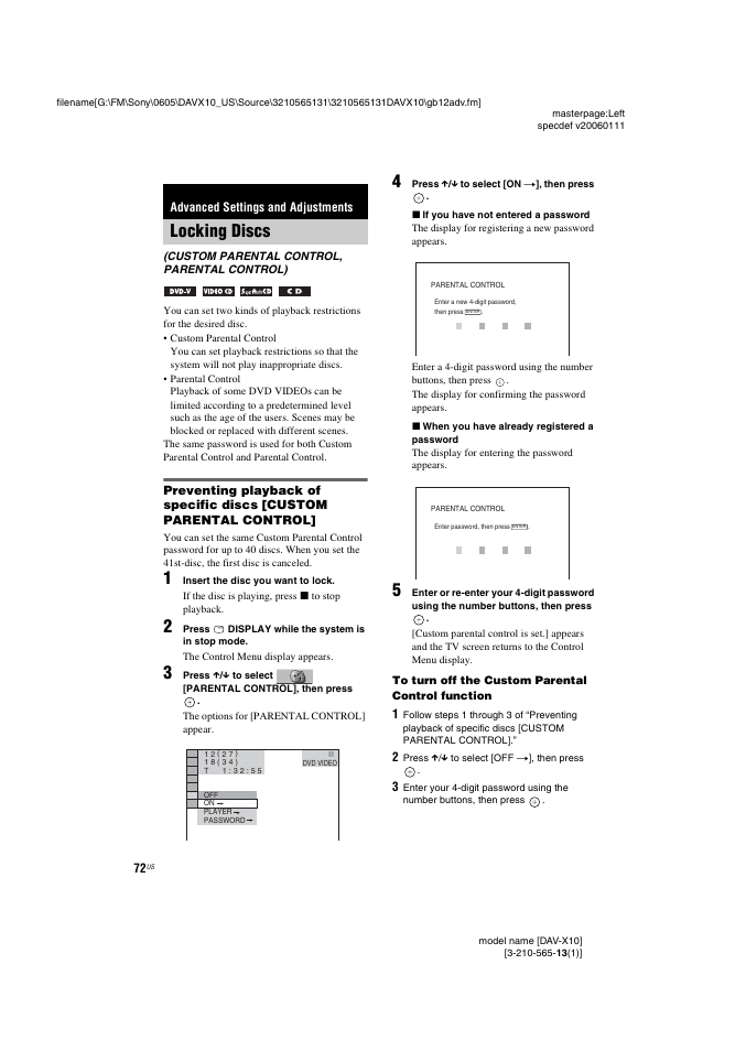Advanced settings and adjustments, Locking discs, Custom parental control, parental control) | Sony DAVX10 User Manual | Page 72 / 107