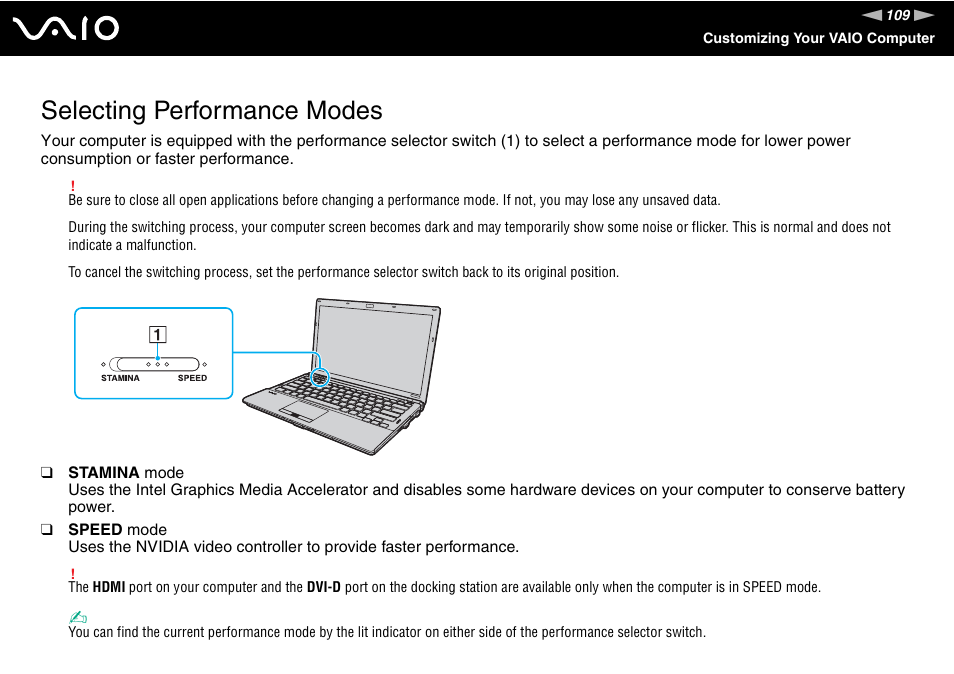 Selecting performance modes | Sony VAIO VGN-Z500 Series User Manual | Page 109 / 239