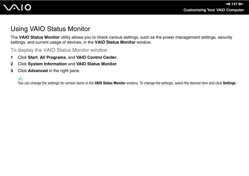 Using vaio status monitor | Sony VAIO VGN-Z500 Series User Manual | Page 141 / 239