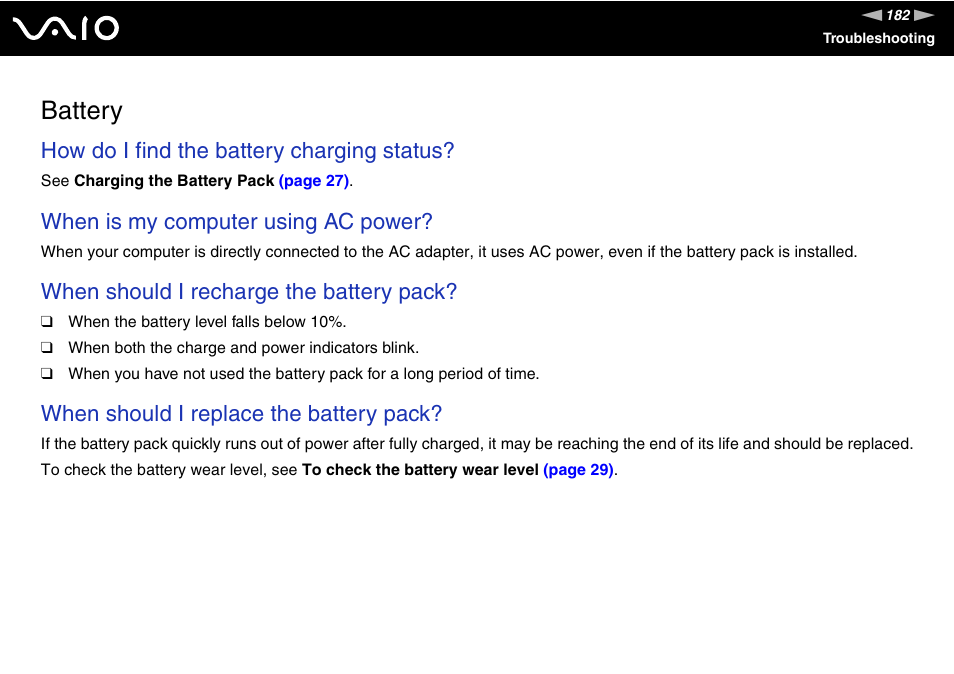 Battery, How do i find the battery charging status, When is my computer using ac power | When should i recharge the battery pack, When should i replace the battery pack | Sony VAIO VGN-Z500 Series User Manual | Page 182 / 239
