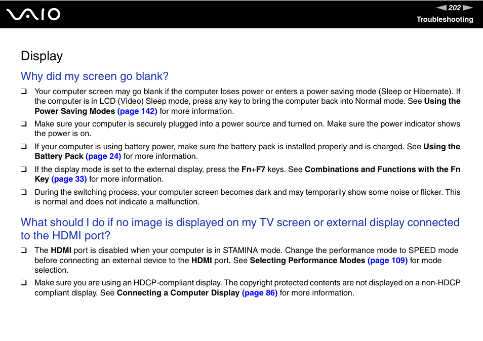 Display, Why did my screen go blank | Sony VAIO VGN-Z500 Series User Manual | Page 202 / 239