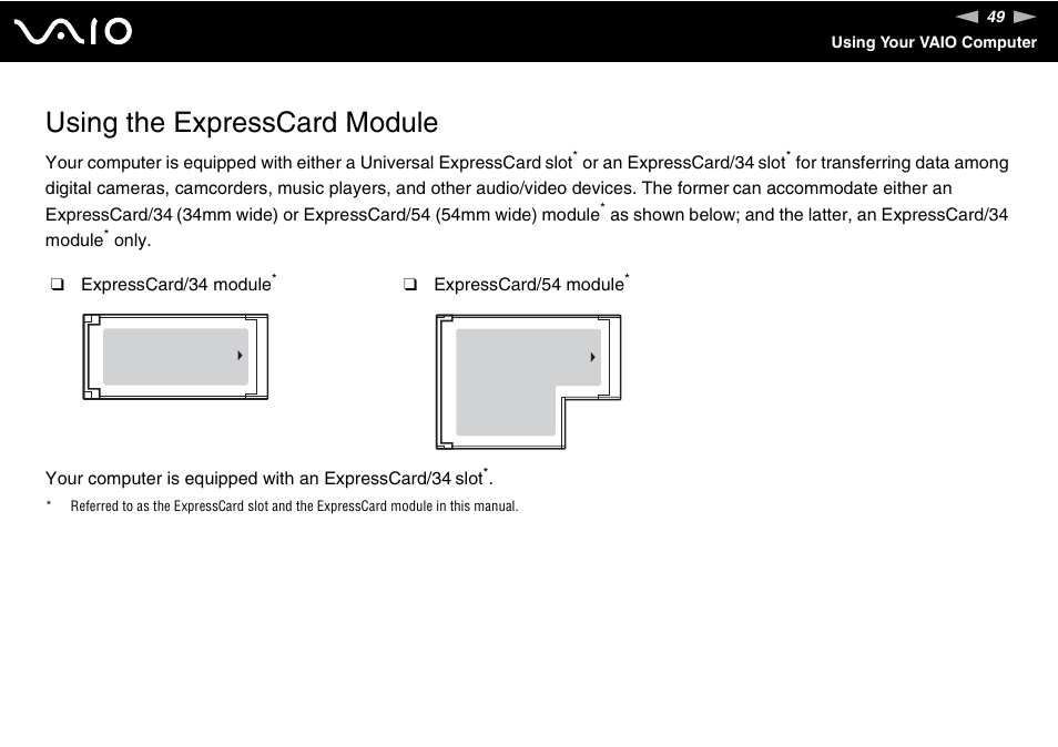 Using the expresscard module | Sony VAIO VGN-Z500 Series User Manual | Page 49 / 239