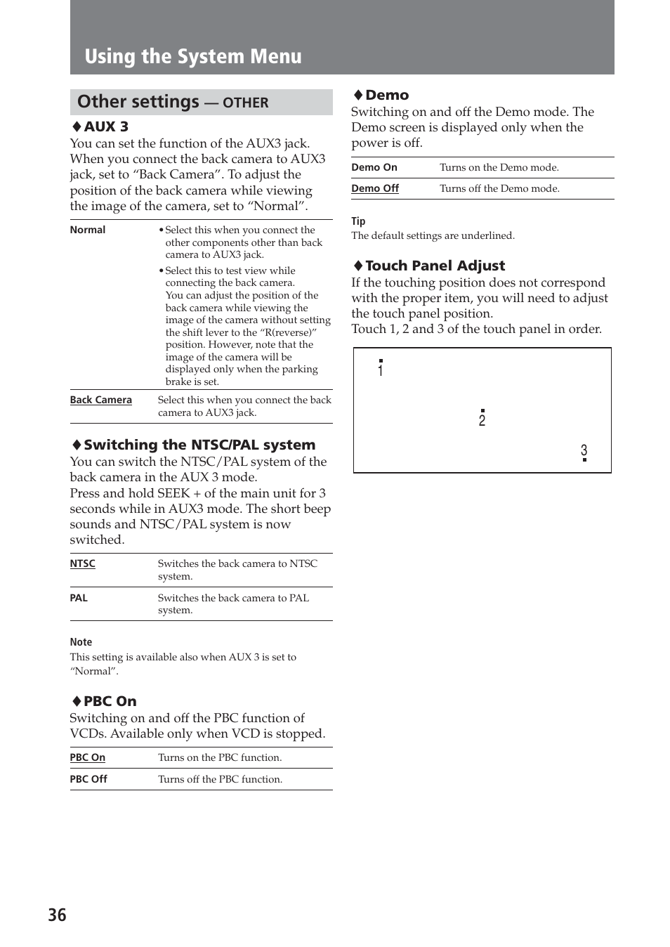 Other settings — other, Using the system menu, 36 other settings | Sony XAV-A1 User Manual | Page 36 / 184