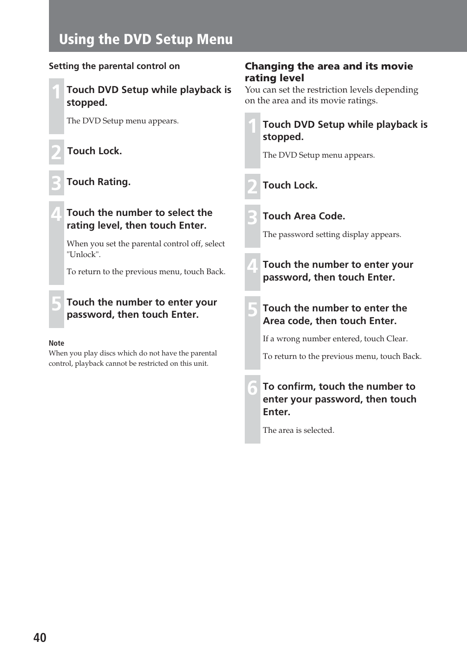 Using the dvd setup menu | Sony XAV-A1 User Manual | Page 40 / 184