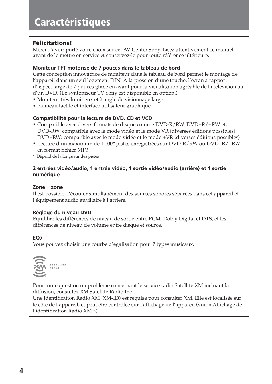 Caractéristiques | Sony XAV-A1 User Manual | Page 64 / 184
