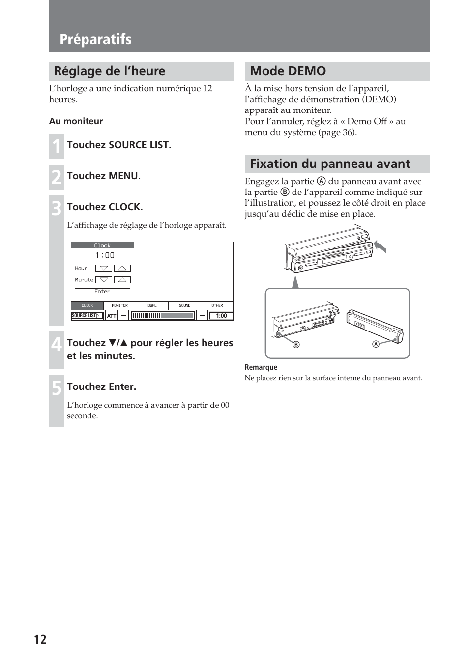 Réglage de l’heure, Mode demo, Fixation du panneau avant | Préparatifs | Sony XAV-A1 User Manual | Page 72 / 184