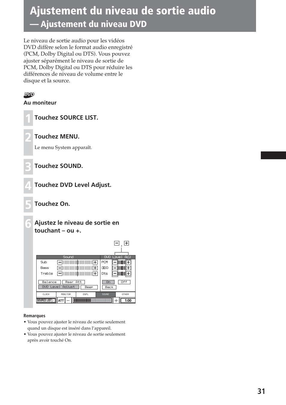 Ajustement du niveau de sortie audio, Ajustement du niveau dvd | Sony XAV-A1 User Manual | Page 91 / 184
