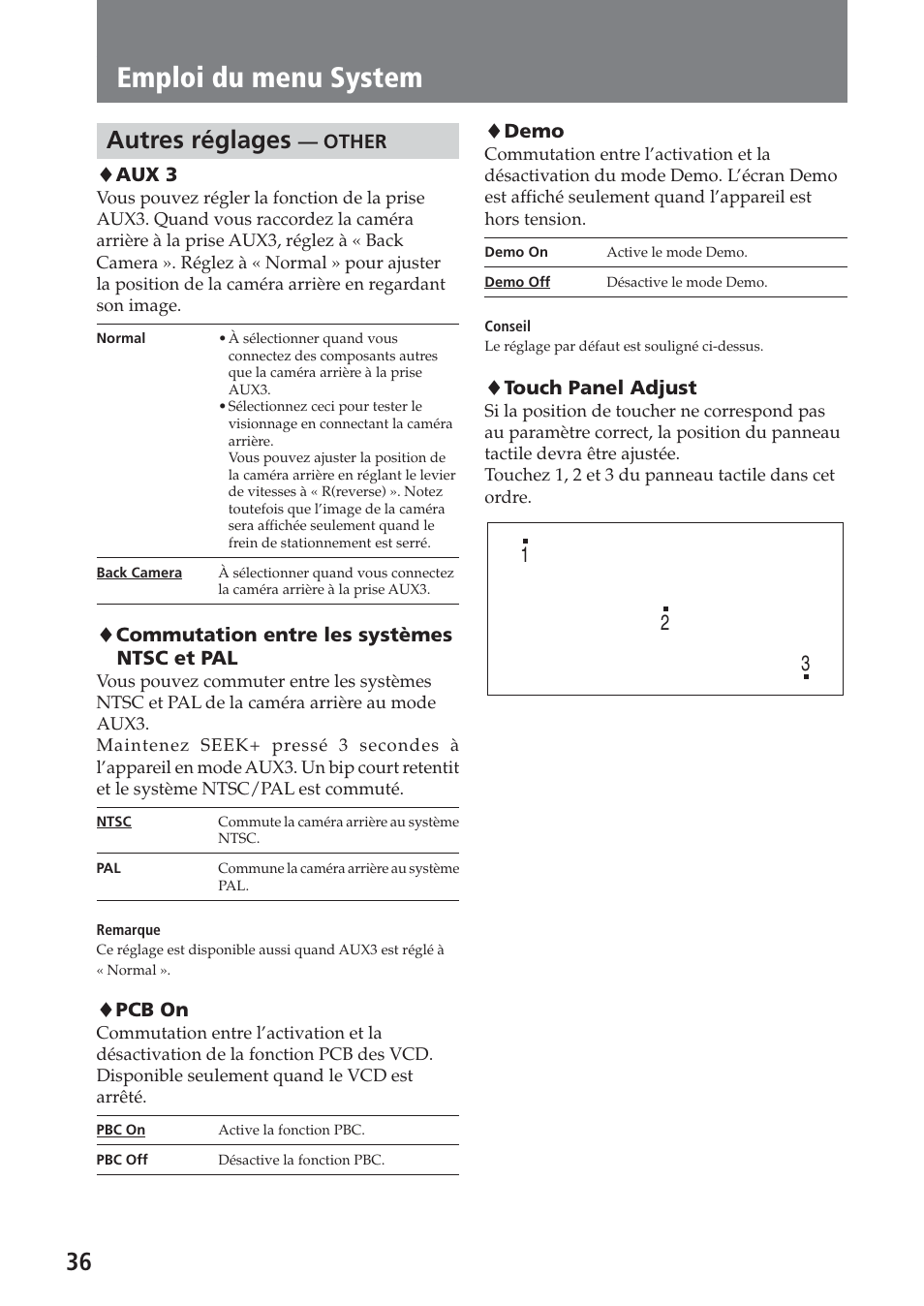 Autres réglages — other, Emploi du menu system, 36 autres réglages | Sony XAV-A1 User Manual | Page 96 / 184