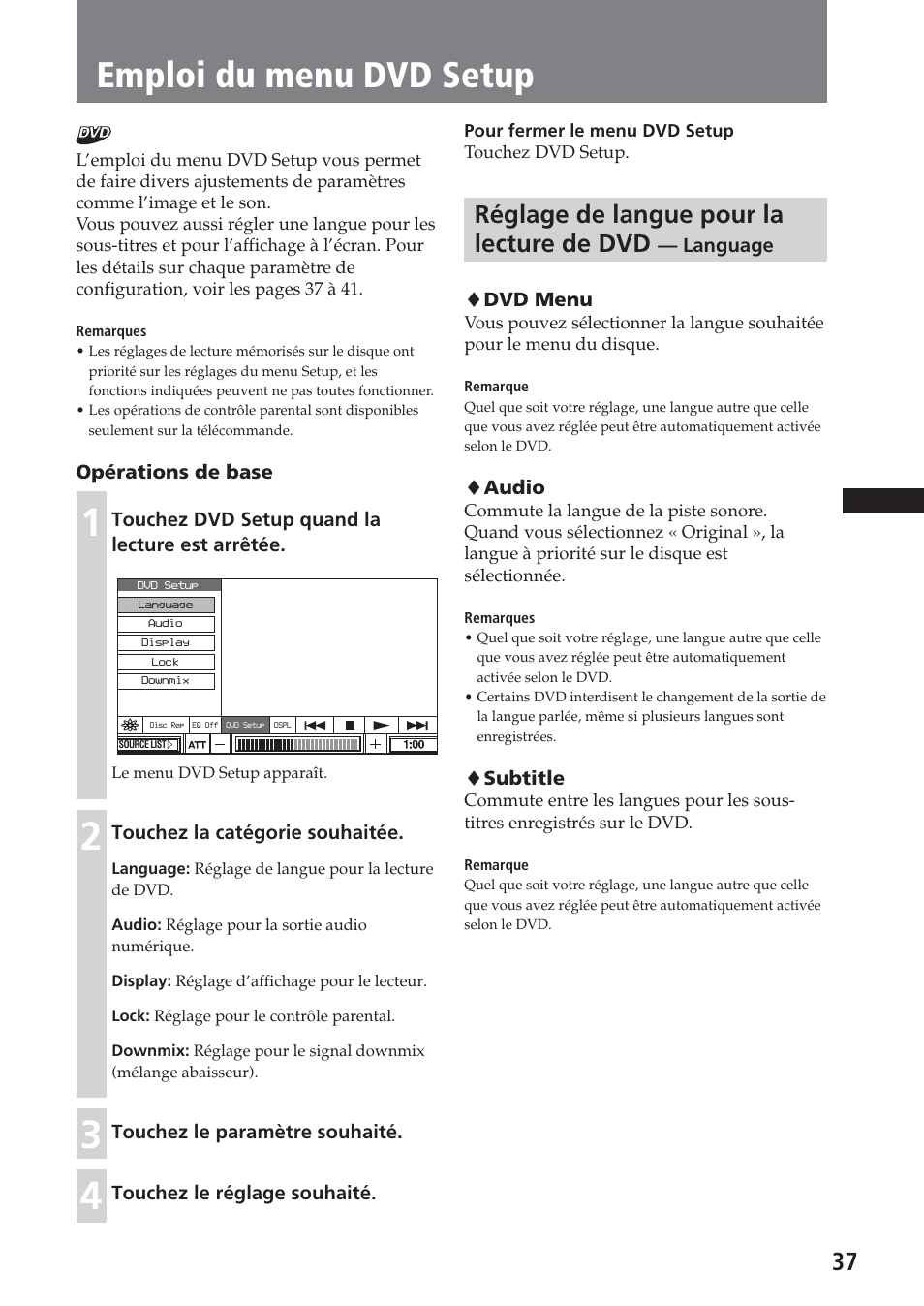 Emploi du menu dvd setup, Réglage de langue pour la lecture de dvd | Sony XAV-A1 User Manual | Page 97 / 184