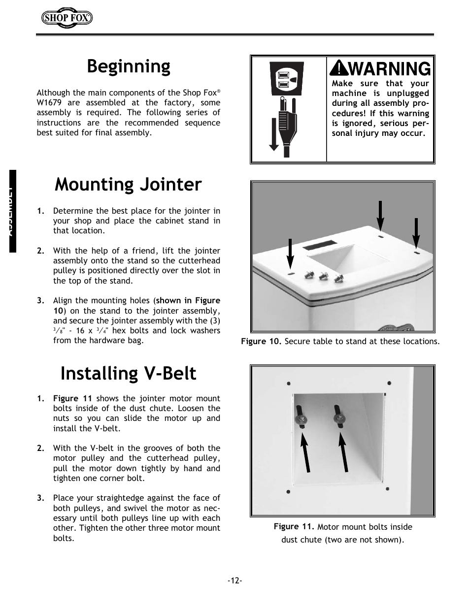 Installing v-belt, Beginning, Mounting jointer | Woodstock W1679 User Manual | Page 14 / 44