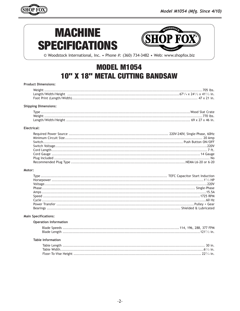 Machine specifications | Woodstock SHOP FOX M1054 User Manual | Page 2 / 56