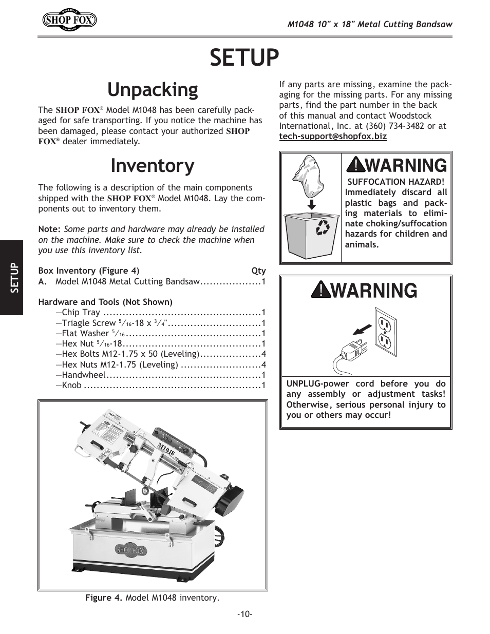 Setup, Unpacking, Inventory | Woodstock SHOP FOX M1054 User Manual | Page 20 / 56