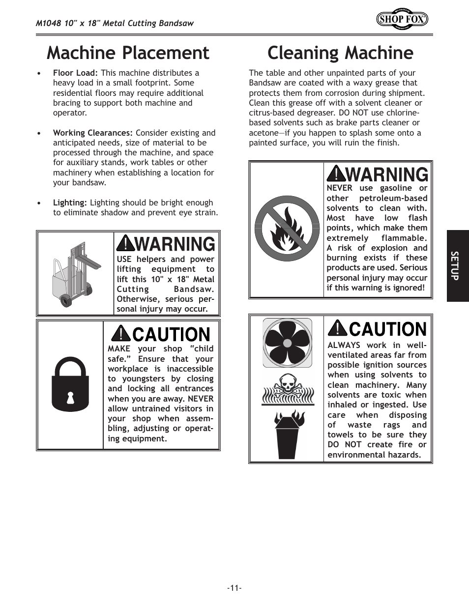 Cleaning machine, Machine placement | Woodstock SHOP FOX M1054 User Manual | Page 21 / 56