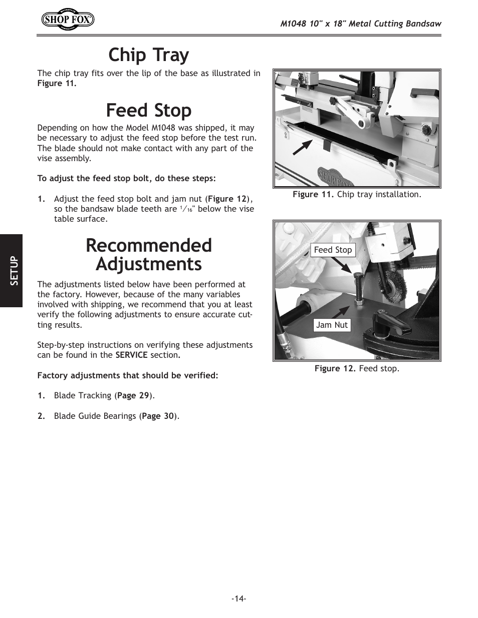Chip tray, Feed stop, Recommended adjustments | Woodstock SHOP FOX M1054 User Manual | Page 24 / 56