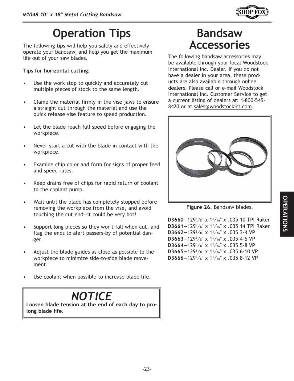 Operation tips notice, Bandsaw accessories, Ope r at io n s | Woodstock SHOP FOX M1054 User Manual | Page 33 / 56