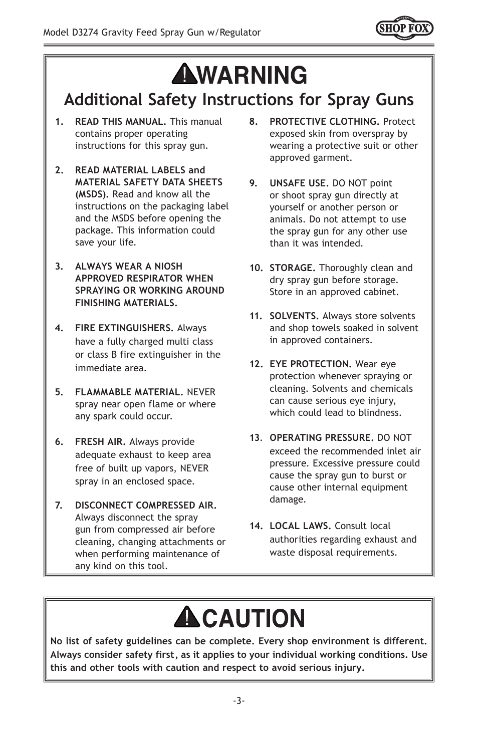 Additional safety instructions for spray guns | Woodstock SHOP FOX D3274 User Manual | Page 5 / 20