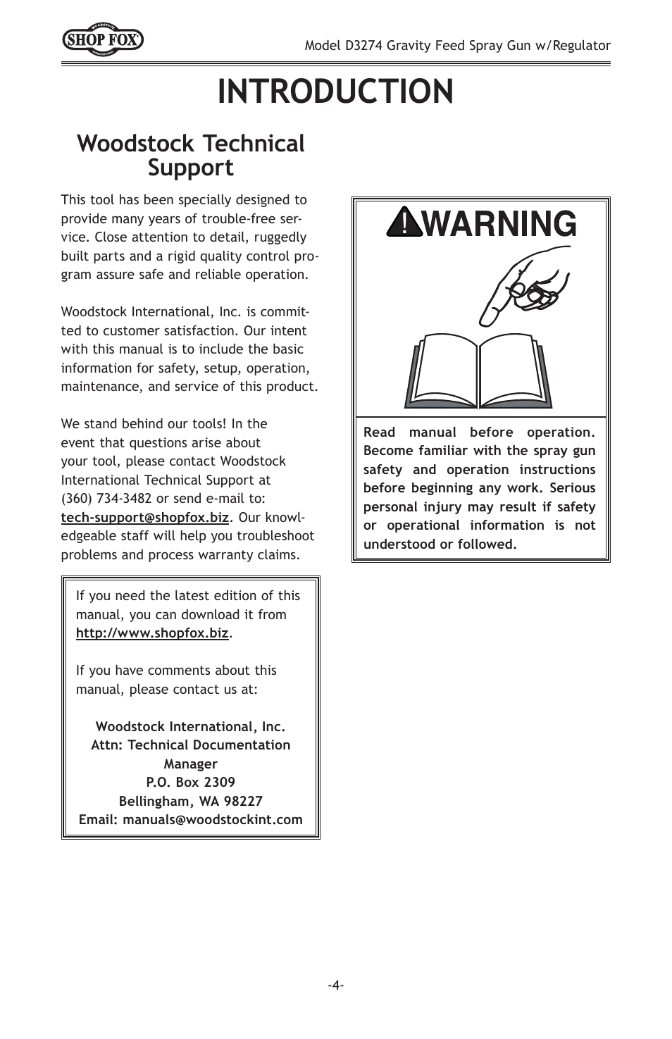 Introduction, Woodstock technical support | Woodstock SHOP FOX D3274 User Manual | Page 6 / 20