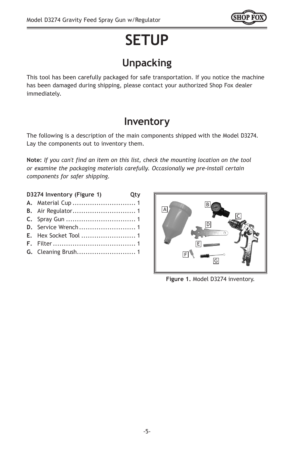 Setup, Inventory, Unpacking | Woodstock SHOP FOX D3274 User Manual | Page 7 / 20
