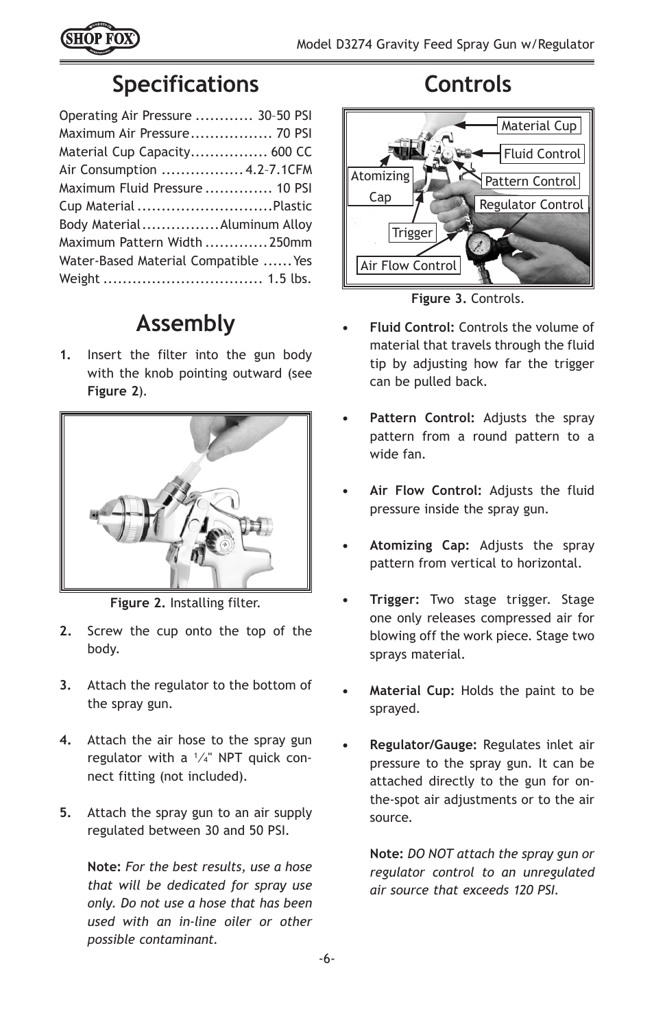 Controls, Assembly, Specifications | Woodstock SHOP FOX D3274 User Manual | Page 8 / 20