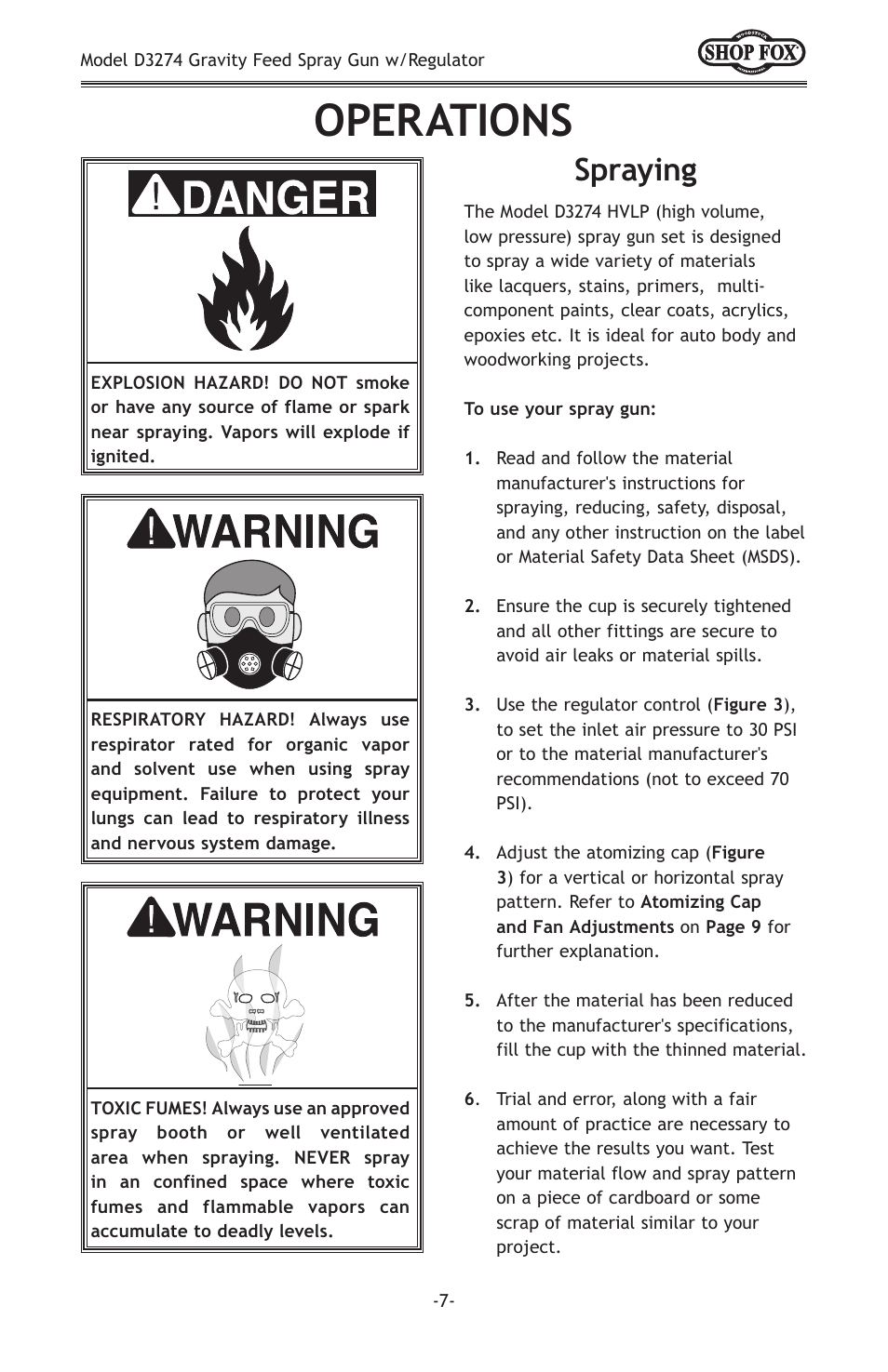 Operations, Spraying | Woodstock SHOP FOX D3274 User Manual | Page 9 / 20