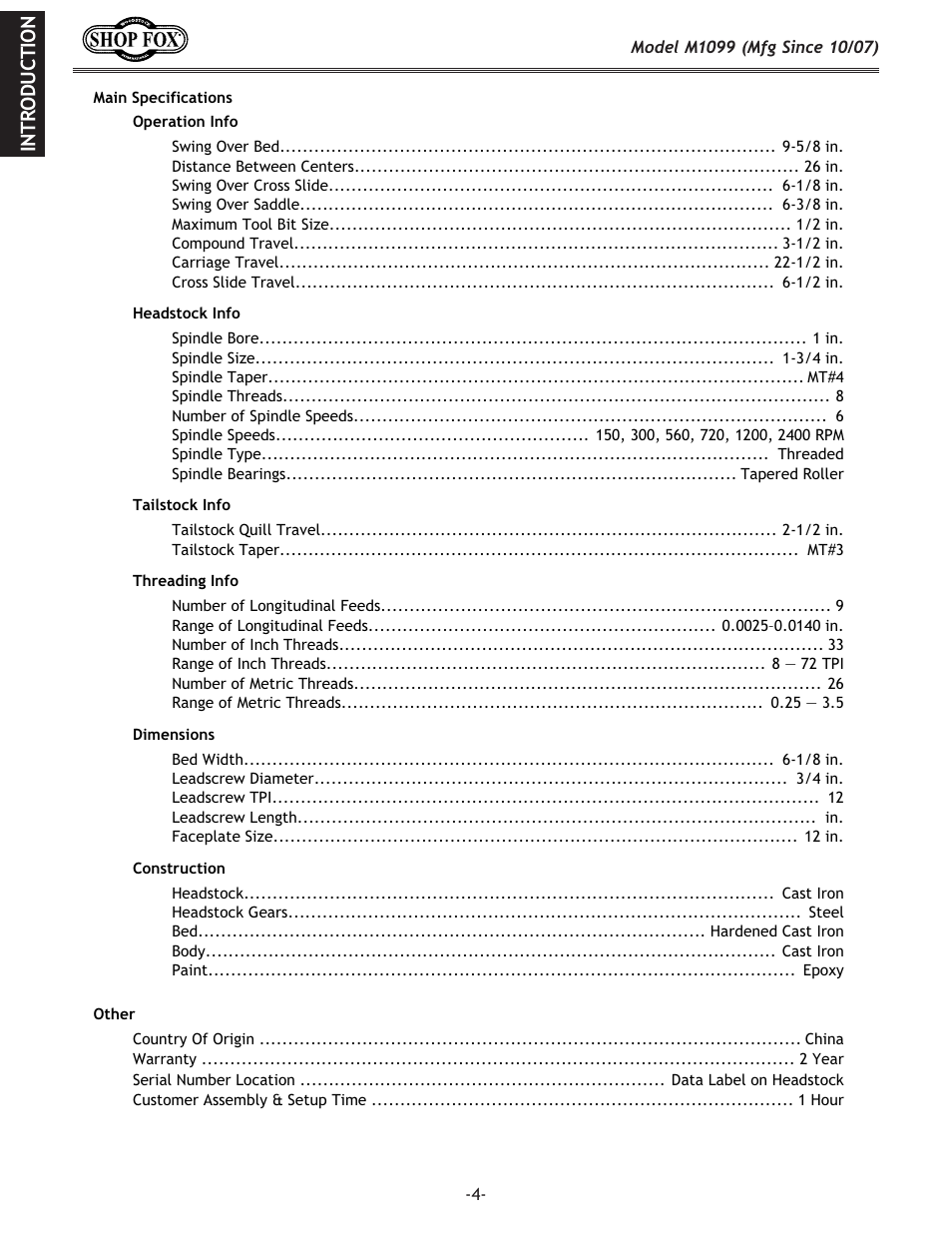 Eki f;l: k@fe | Woodstock SHOP FOX M1099 User Manual | Page 6 / 60