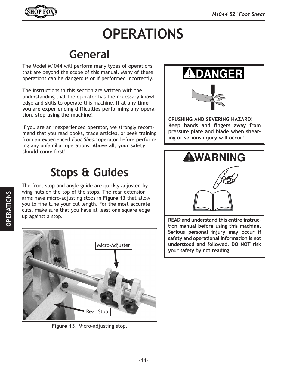 Operations, General, Stops & guides | Woodstock 52" FOOT SHEAR M1044 User Manual | Page 16 / 24