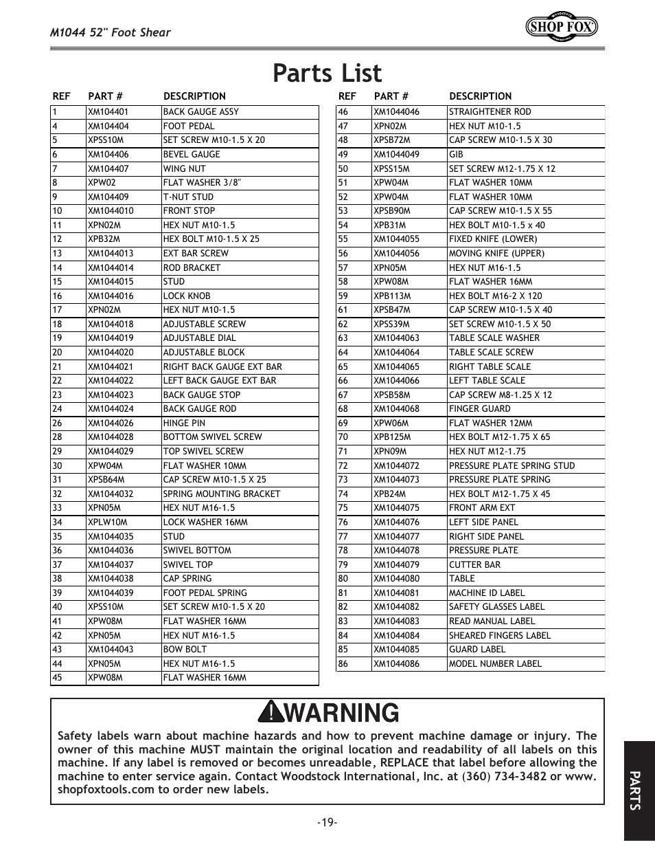 Parts list, Pa rt s | Woodstock 52" FOOT SHEAR M1044 User Manual | Page 21 / 24