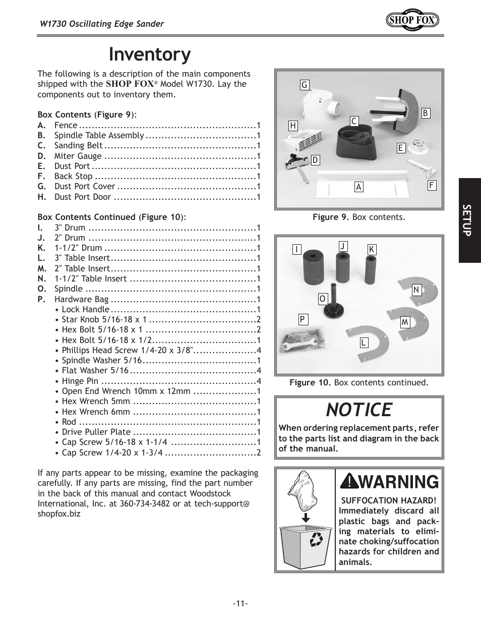 Notice, Inventory, Setup | Woodstock SHOP FOX W1730 User Manual | Page 13 / 40