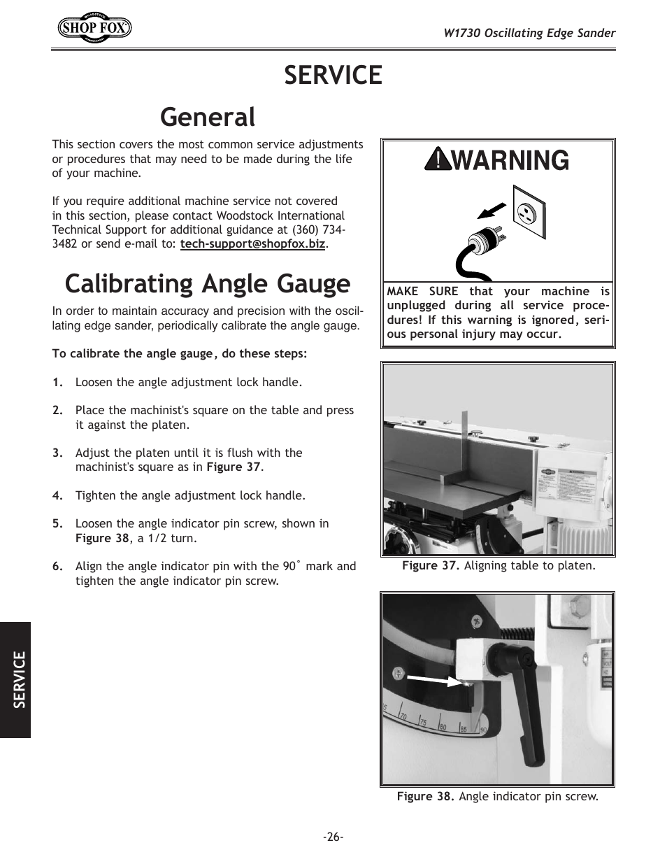 Service, General, Calibrating angle gauge | Woodstock SHOP FOX W1730 User Manual | Page 28 / 40