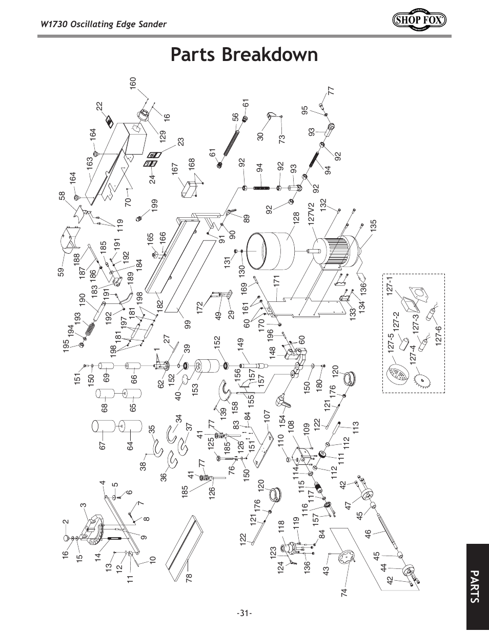 Parts breakdown, Parts | Woodstock SHOP FOX W1730 User Manual | Page 33 / 40