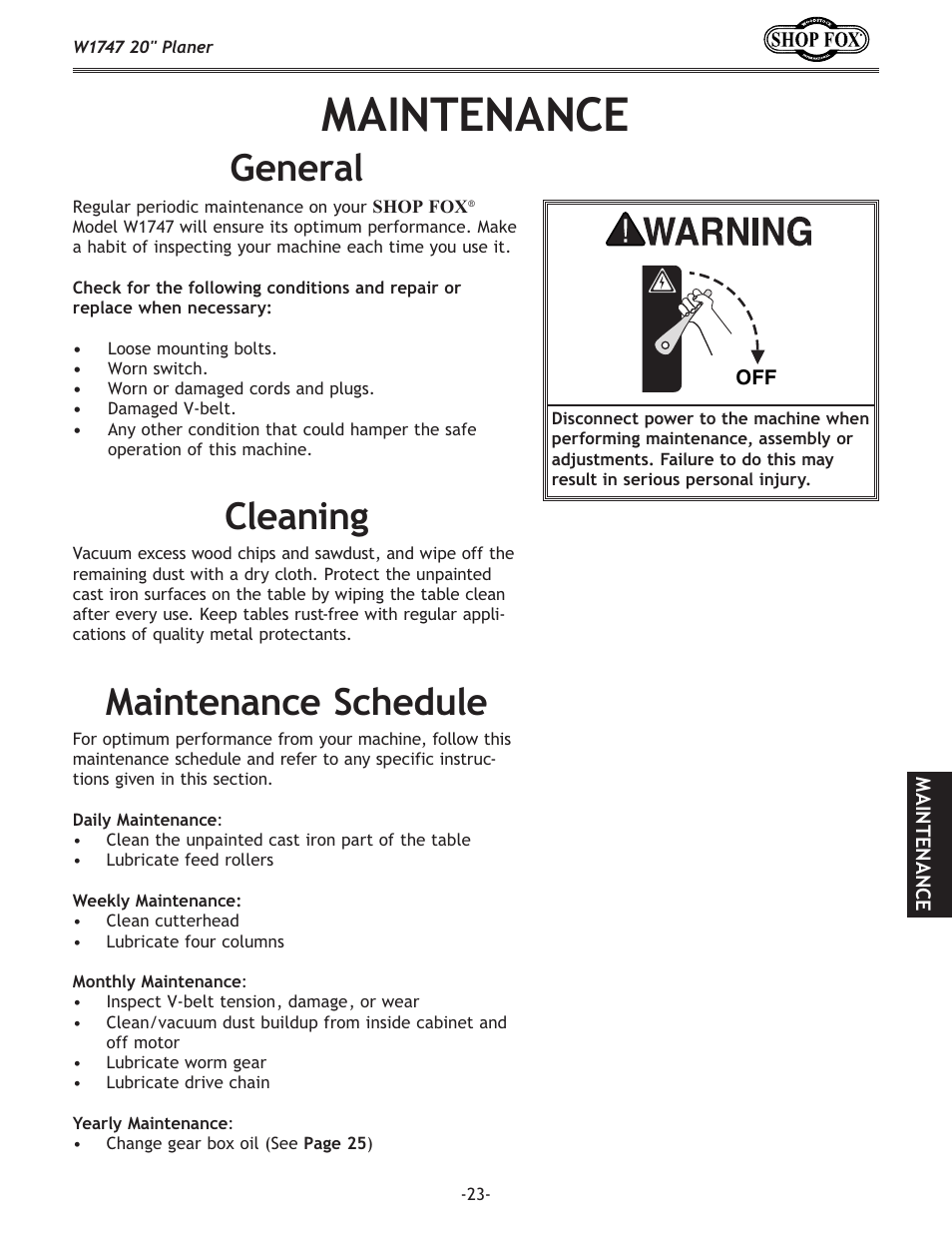 Maintenance, General, Cleaning | Maintenance schedule | Woodstock SHOP FOX W1747 User Manual | Page 25 / 56