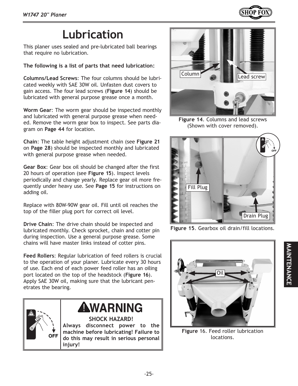 Lubrication | Woodstock SHOP FOX W1747 User Manual | Page 27 / 56