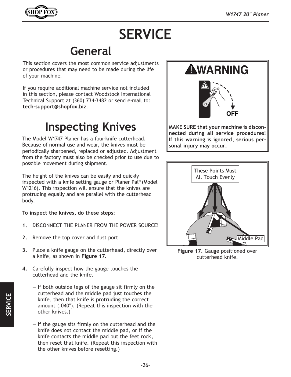 Service, General, Inspecting knives | Woodstock SHOP FOX W1747 User Manual | Page 28 / 56