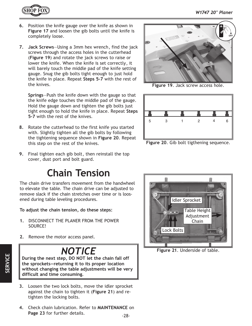Chain tension, Notice | Woodstock SHOP FOX W1747 User Manual | Page 30 / 56