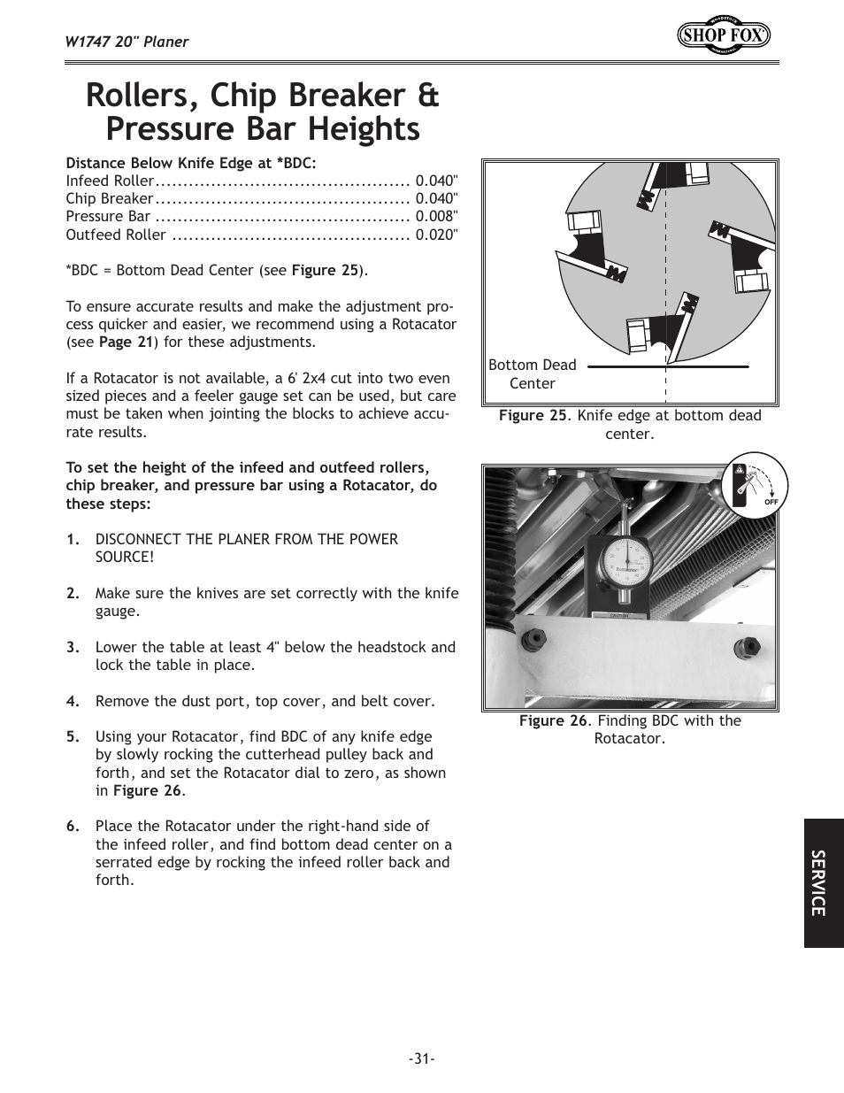 Rollers, chip breaker & pressure bar heights | Woodstock SHOP FOX W1747 User Manual | Page 33 / 56