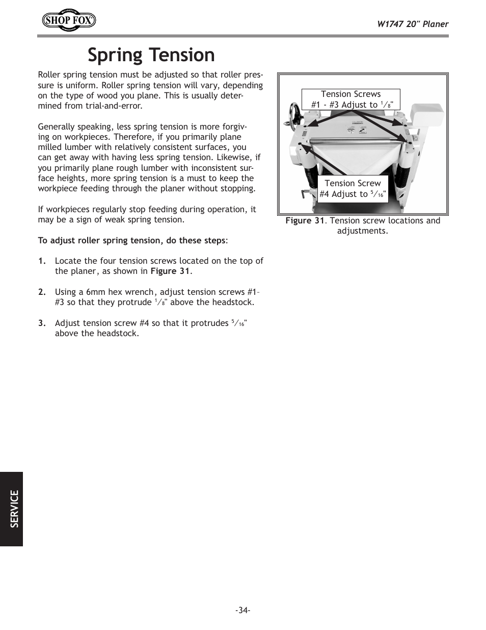 Spring tension, Se rv ic e | Woodstock SHOP FOX W1747 User Manual | Page 36 / 56