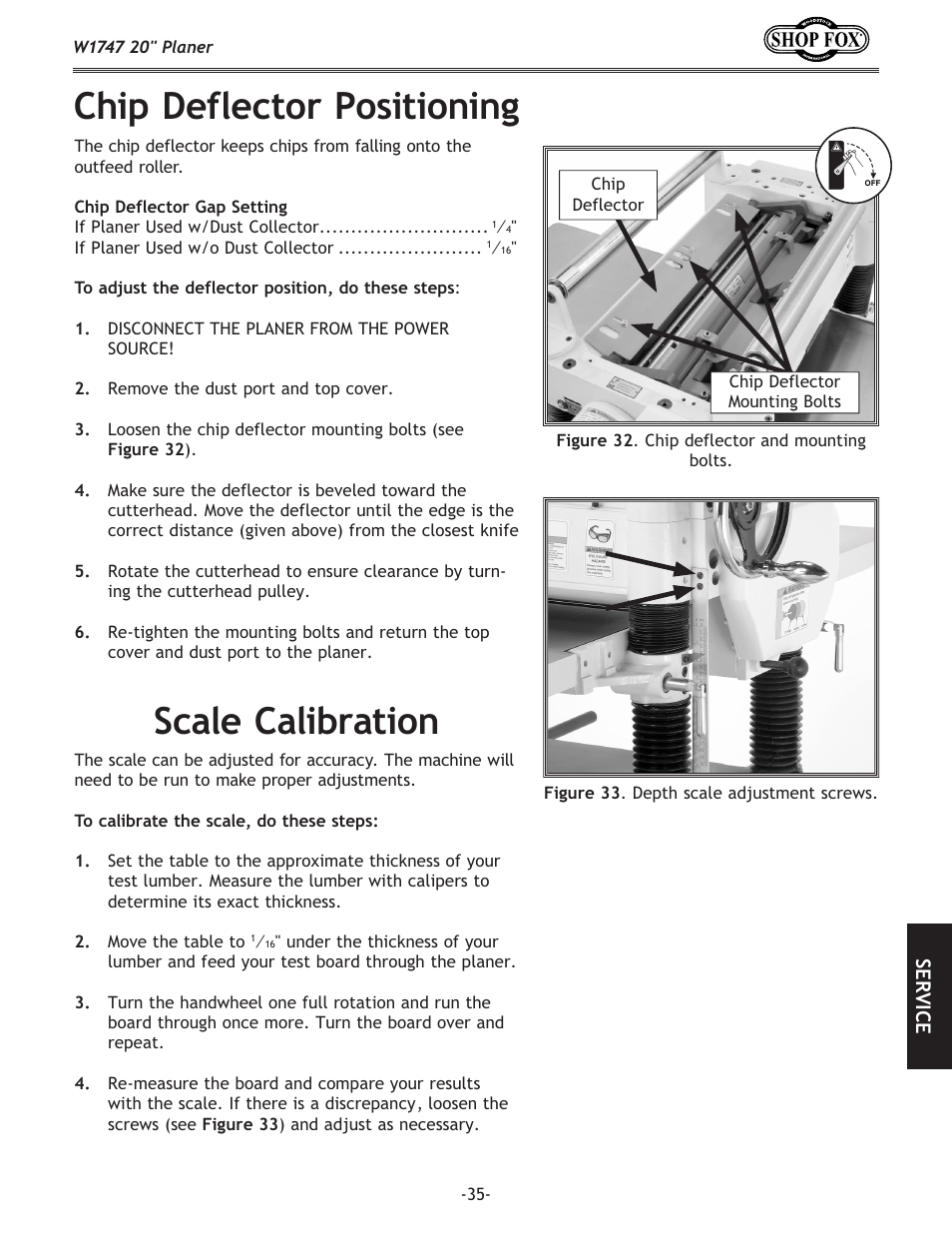 Chip deflector positioning, Scale calibration | Woodstock SHOP FOX W1747 User Manual | Page 37 / 56