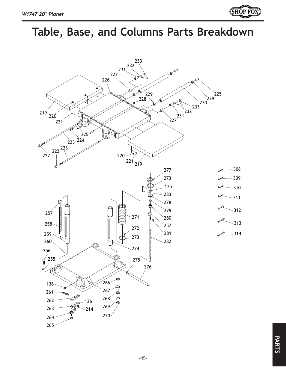 Table, base, and columns parts breakdown, Pa rt s | Woodstock SHOP FOX W1747 User Manual | Page 47 / 56