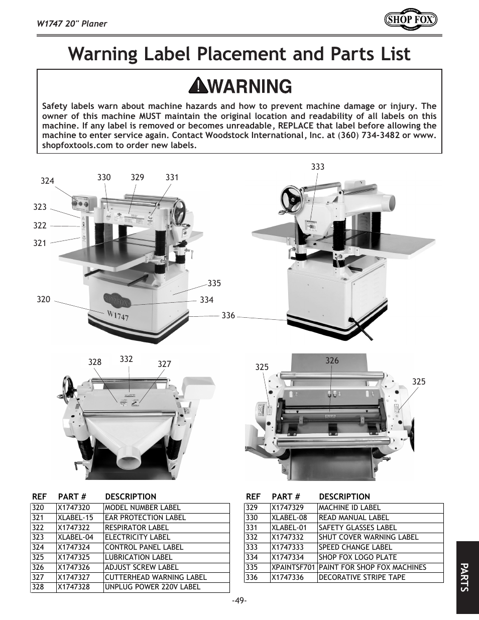 Warning label placement and parts list, Pa rt s | Woodstock SHOP FOX W1747 User Manual | Page 51 / 56