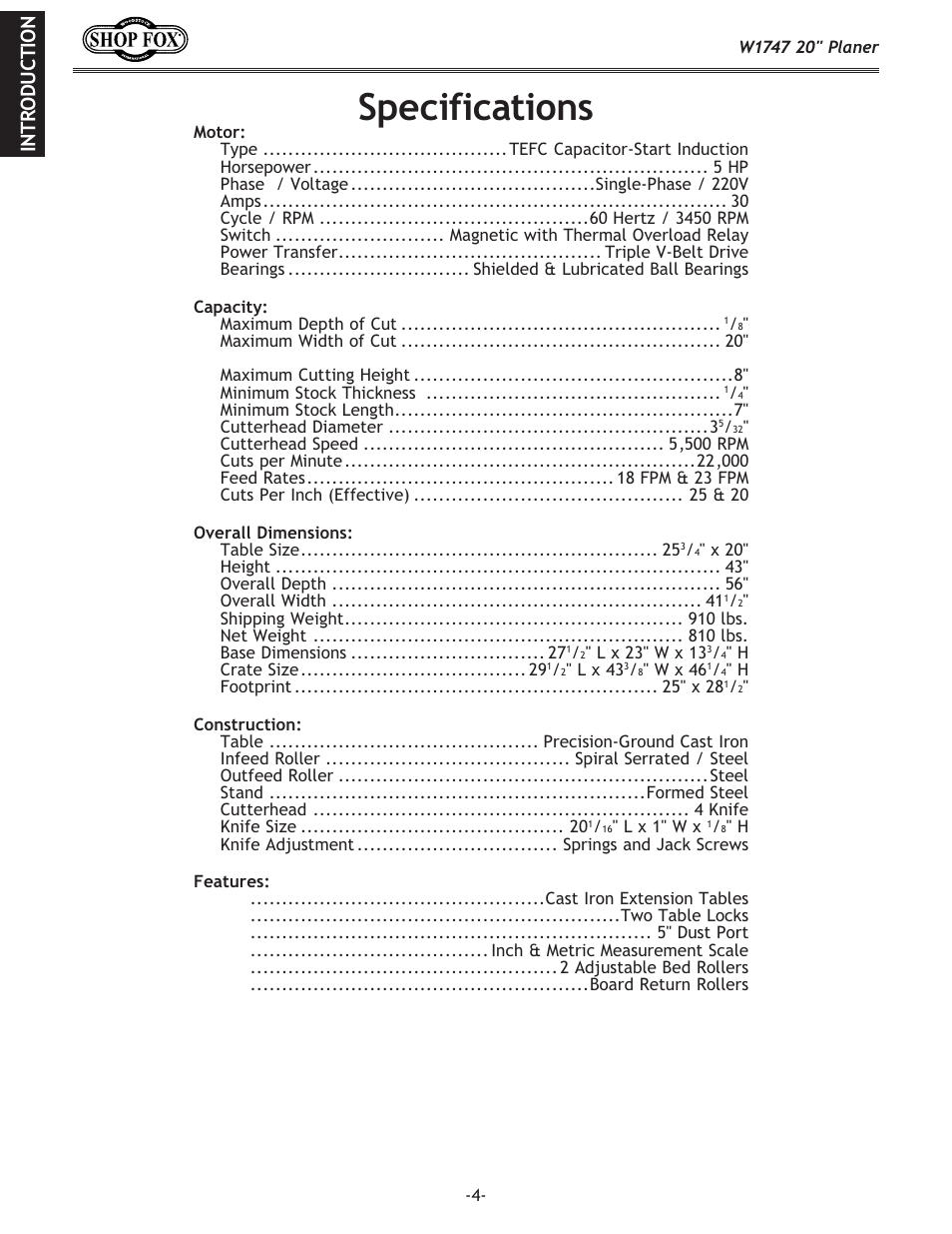 Specifications | Woodstock SHOP FOX W1747 User Manual | Page 6 / 56