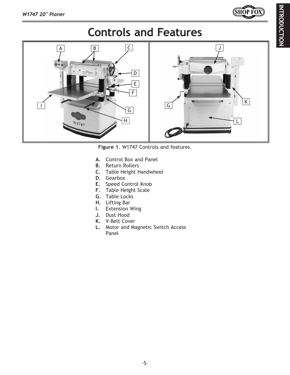 Controls and features | Woodstock SHOP FOX W1747 User Manual | Page 7 / 56