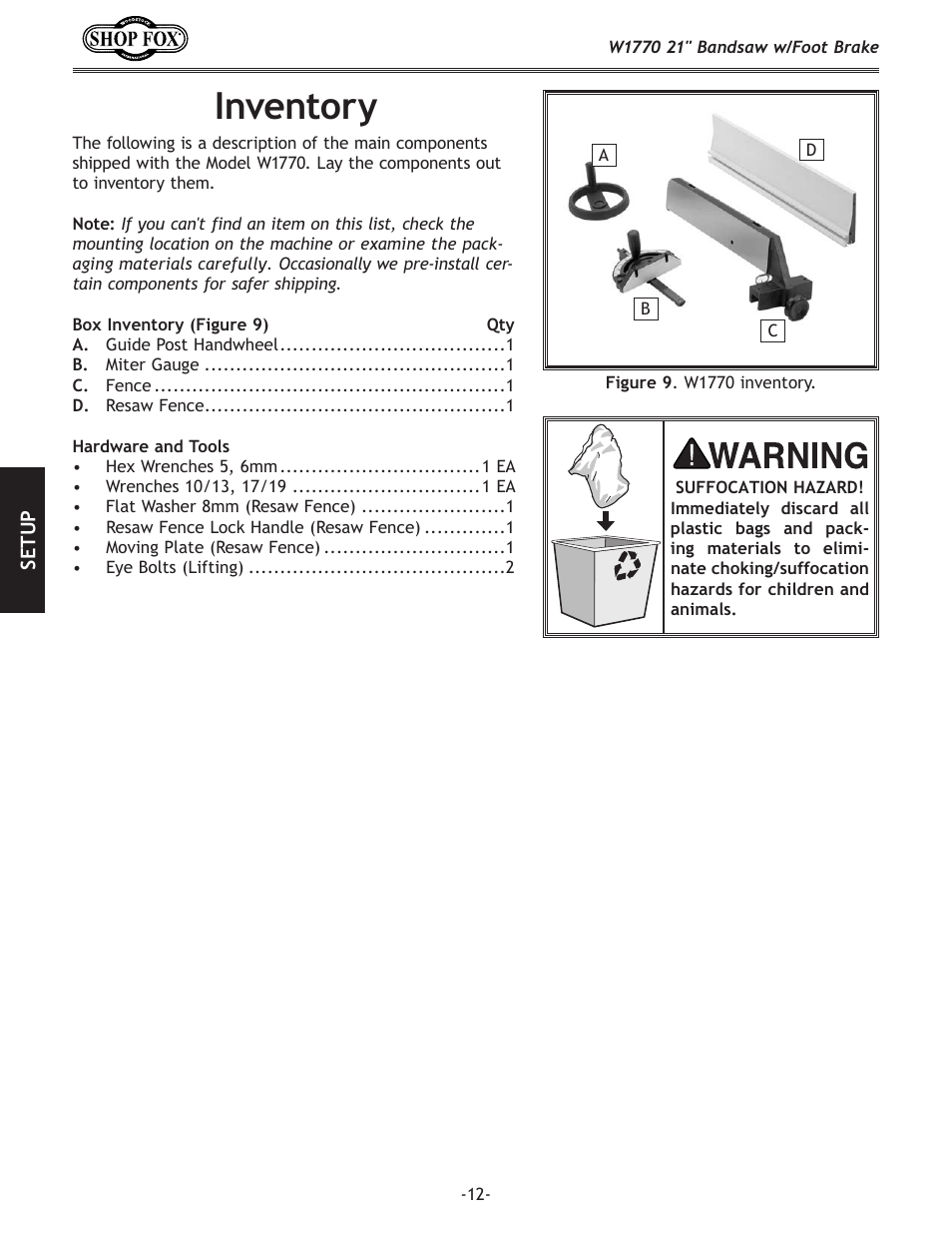 Inventory | Woodstock W1770 User Manual | Page 14 / 72