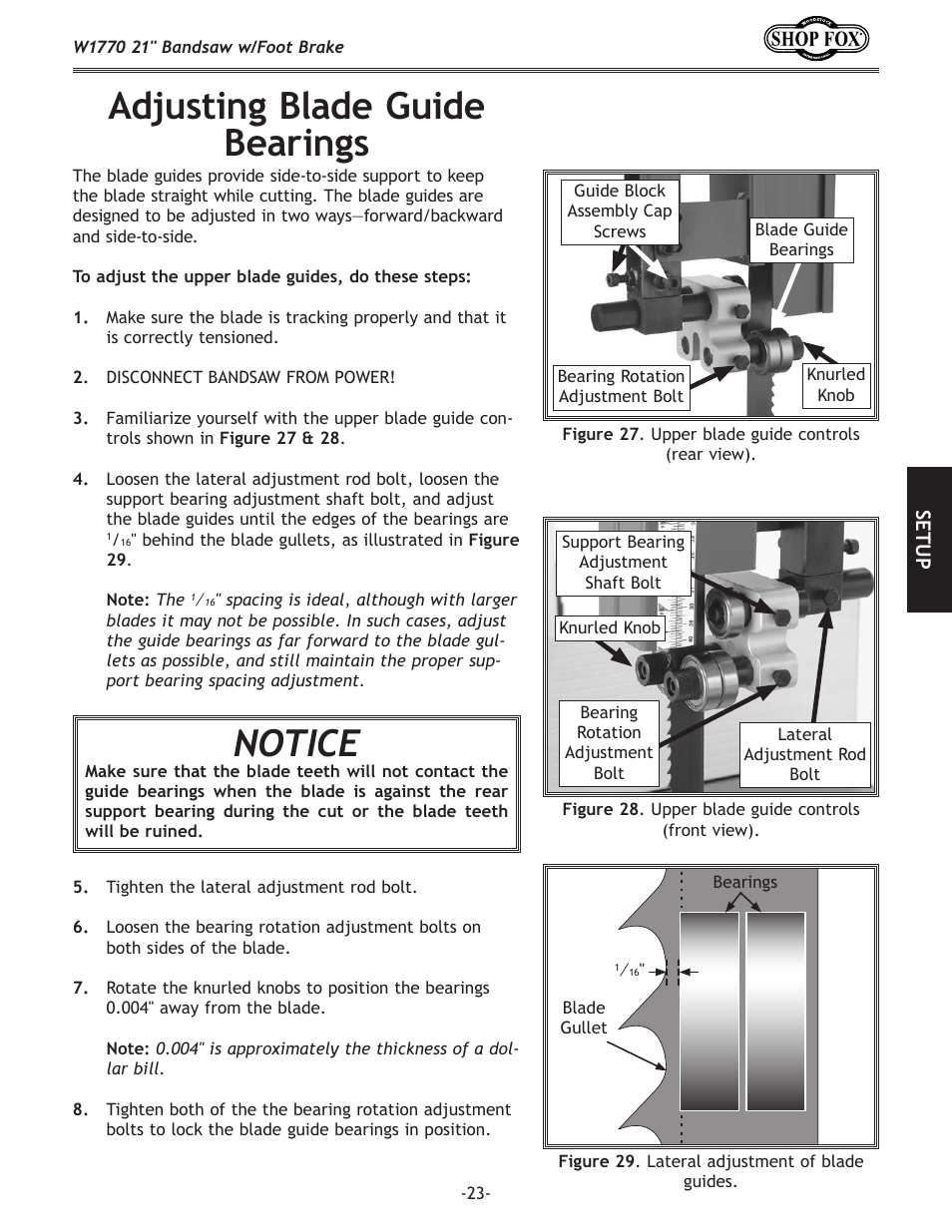 Adjusting.blade.guide. bearings, Notice | Woodstock W1770 User Manual | Page 25 / 72