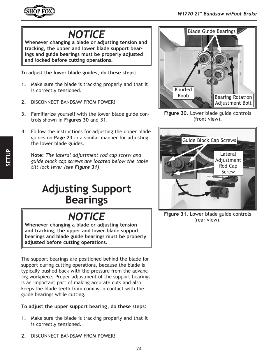 Notice, Adjusting.support. bearings | Woodstock W1770 User Manual | Page 26 / 72