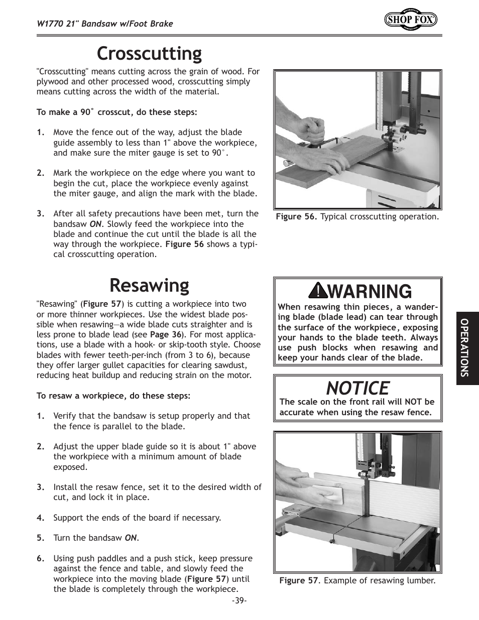 Crosscutting, Resawing, Notice | Woodstock W1770 User Manual | Page 41 / 72