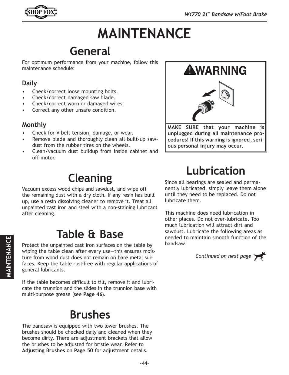 Maintenance, General lubrication, Table.&.base | Cleaning brushes | Woodstock W1770 User Manual | Page 46 / 72