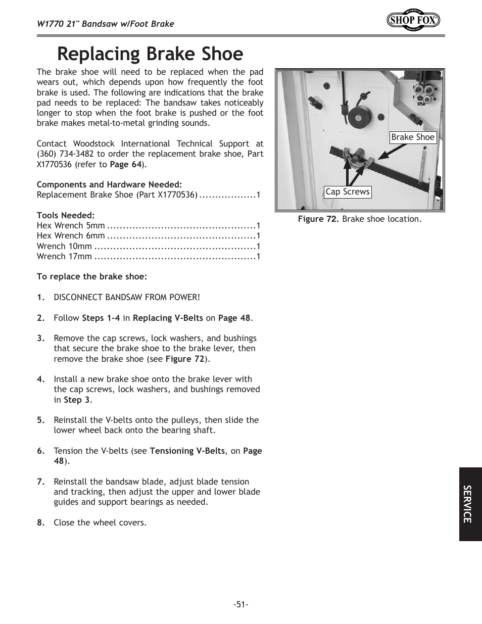 Replacing.brake.shoe | Woodstock W1770 User Manual | Page 53 / 72
